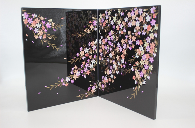 二曲屛風 黒 桜花 【送料込】 7F-003